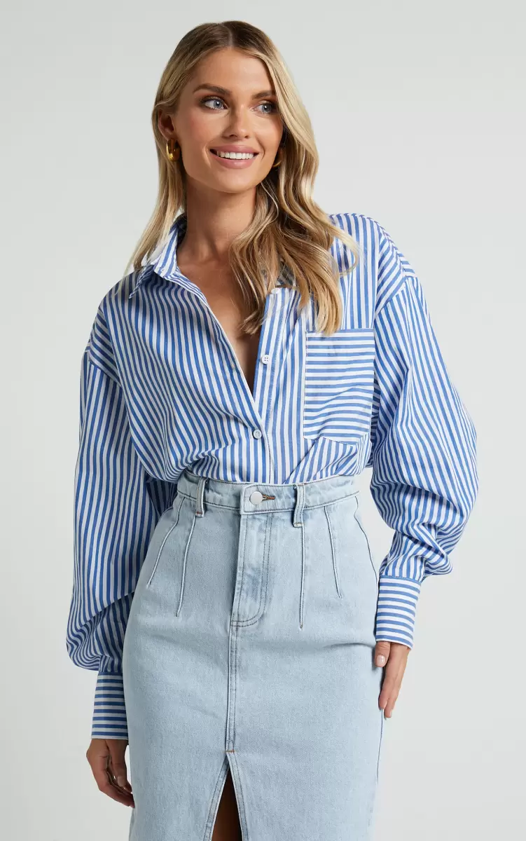 Women Jaycey Shirt - Long Sleeve Pocket Detail Shirt In Navy Stripe Tops Showpo