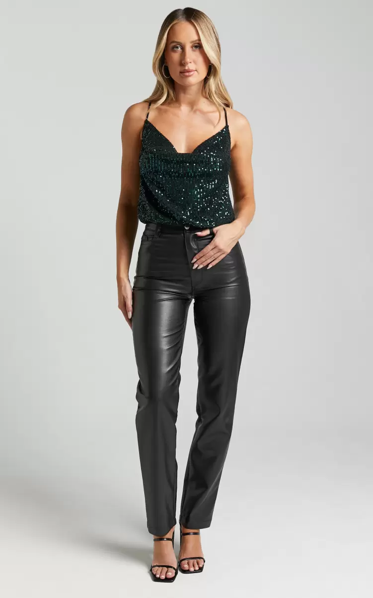 Showpo Tops Women Brianna Sequin Bodysuit - Cowl Neck Bodysuit In Emerald - 3