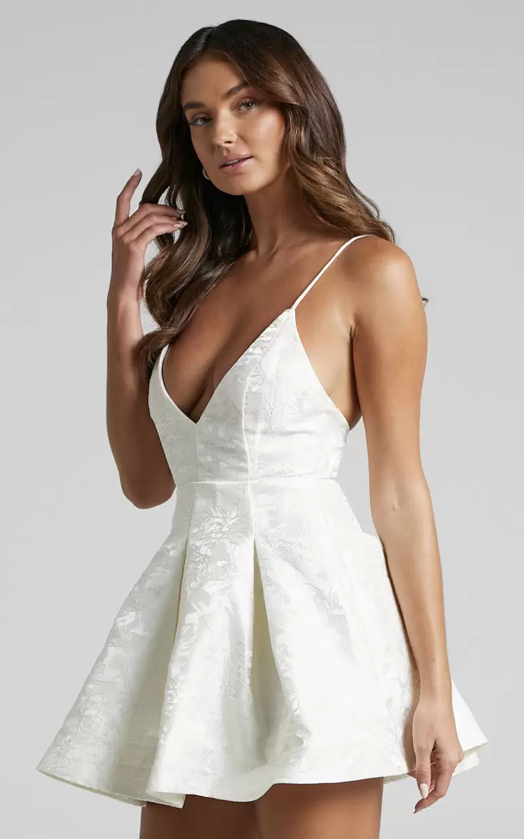 Showpo Women Bachelorette Dresses Gemima Mini Dress - Strappy Plunge Neck Fit And Flare Dress In White - 3