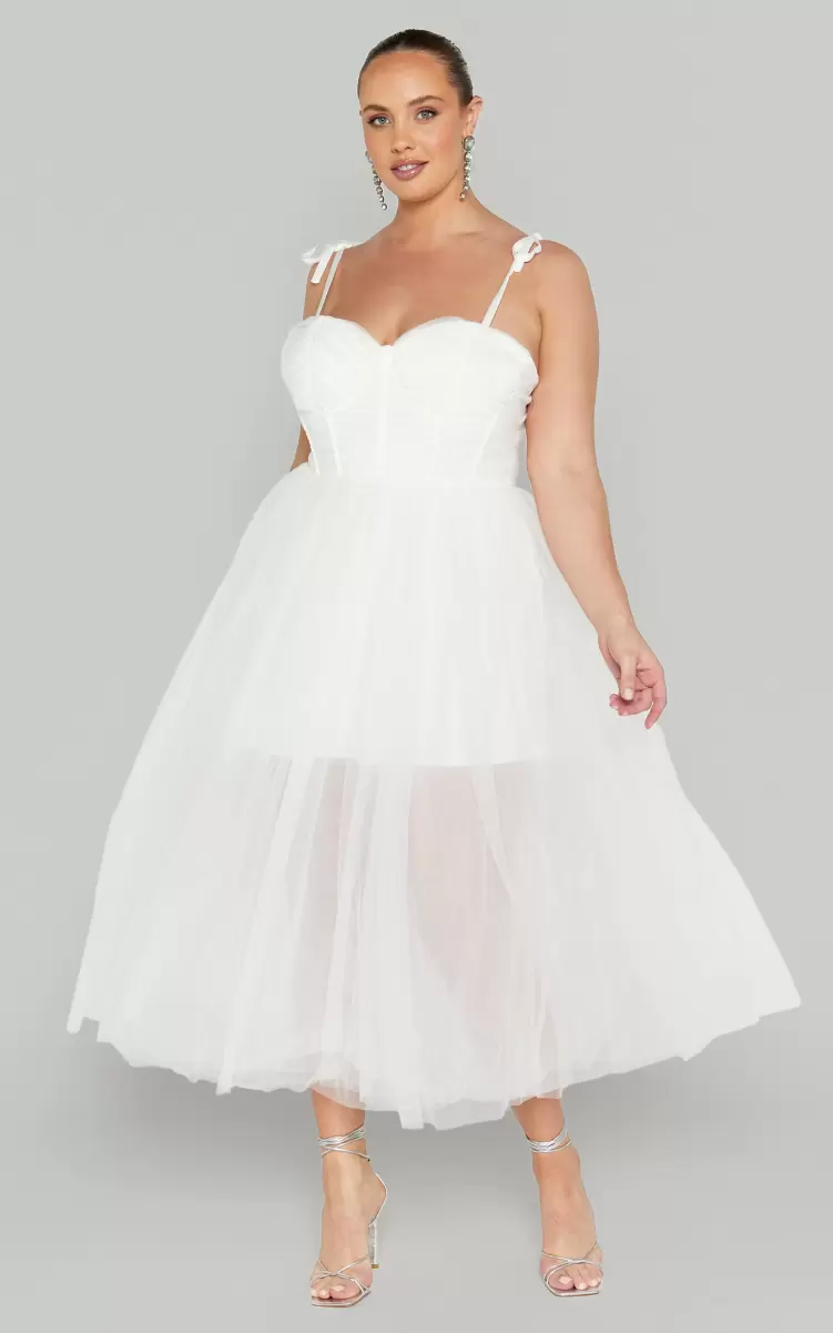 Bachelorette Dresses Women Aisha Midi Dress - Bustier Bodice Tulle Dress In White Showpo - 1