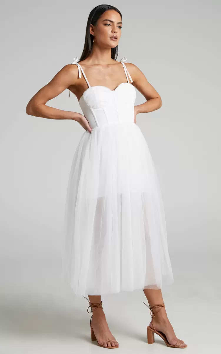 Bachelorette Dresses Women Aisha Midi Dress - Bustier Bodice Tulle Dress In White Showpo - 2