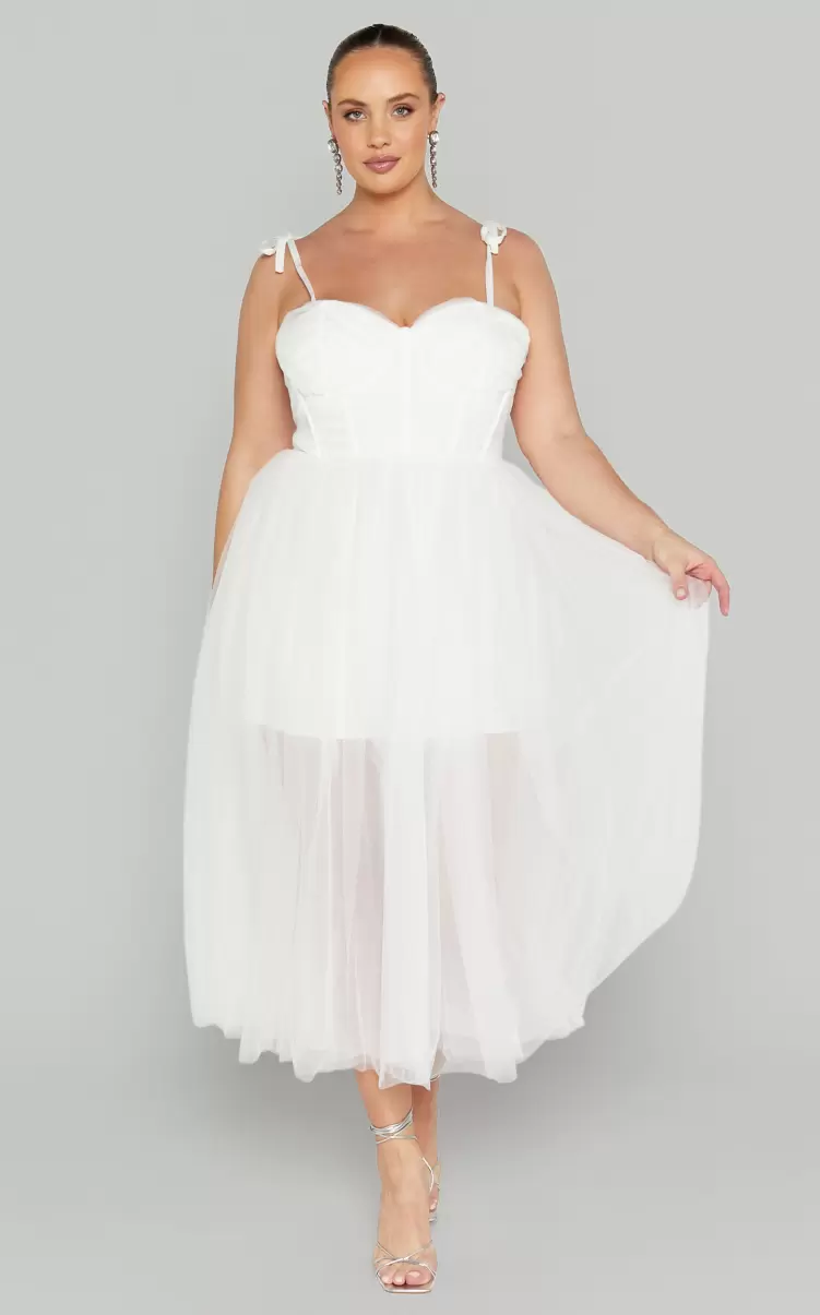 Bachelorette Dresses Women Aisha Midi Dress - Bustier Bodice Tulle Dress In White Showpo - 3