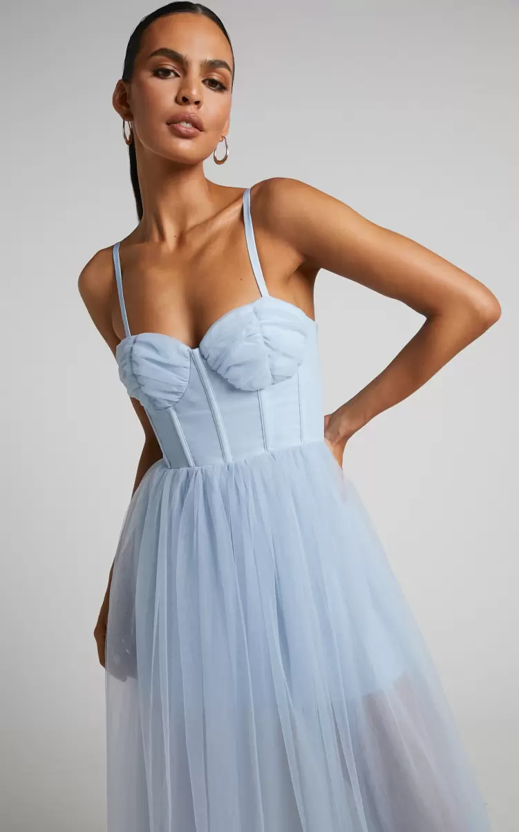 Women Showpo Bachelorette Dresses Aisha Midi Dress - Bustier Bodice Tulle Dress In Ice Blue - 1