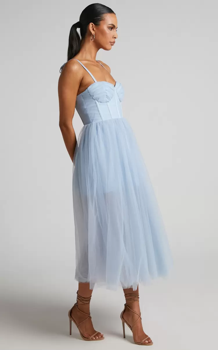 Women Showpo Bachelorette Dresses Aisha Midi Dress - Bustier Bodice Tulle Dress In Ice Blue - 2