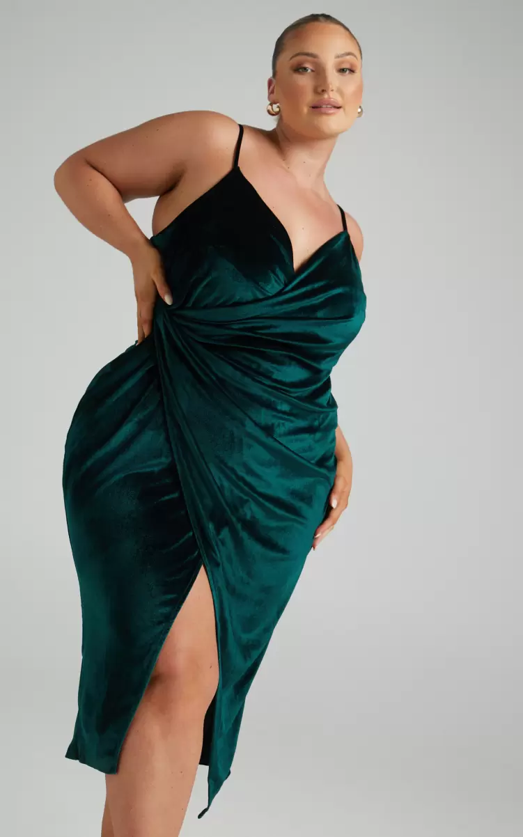 Loving Blind Midi Dress - Draped Thigh Split Dress In Emerald Velvet Women Green Bridesmaid Dresses Showpo - 1