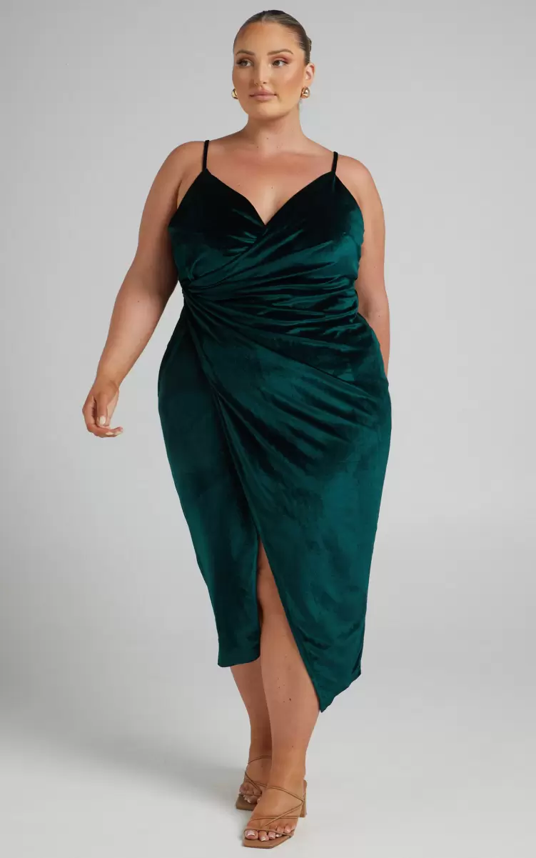 Loving Blind Midi Dress - Draped Thigh Split Dress In Emerald Velvet Women Green Bridesmaid Dresses Showpo - 3