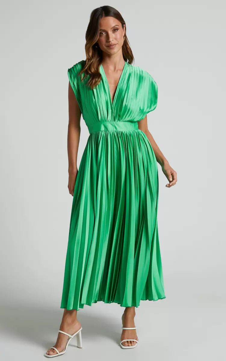 Women Showpo Della Midi Dress - Plunge Neck Short Sleeve Pleated Dress In Green Green Bridesmaid Dresses - 1