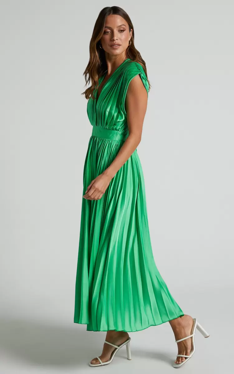 Women Showpo Della Midi Dress - Plunge Neck Short Sleeve Pleated Dress In Green Green Bridesmaid Dresses - 2