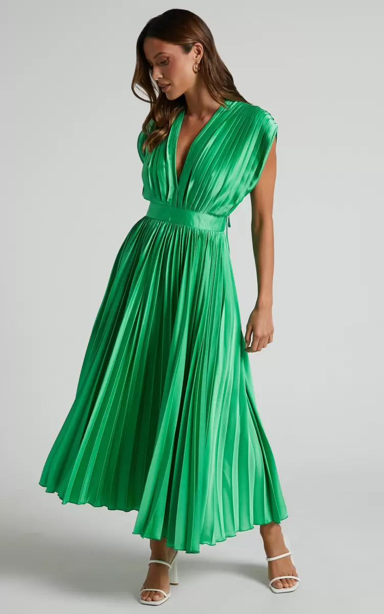 Women Showpo Della Midi Dress - Plunge Neck Short Sleeve Pleated Dress In Green Green Bridesmaid Dresses - 3