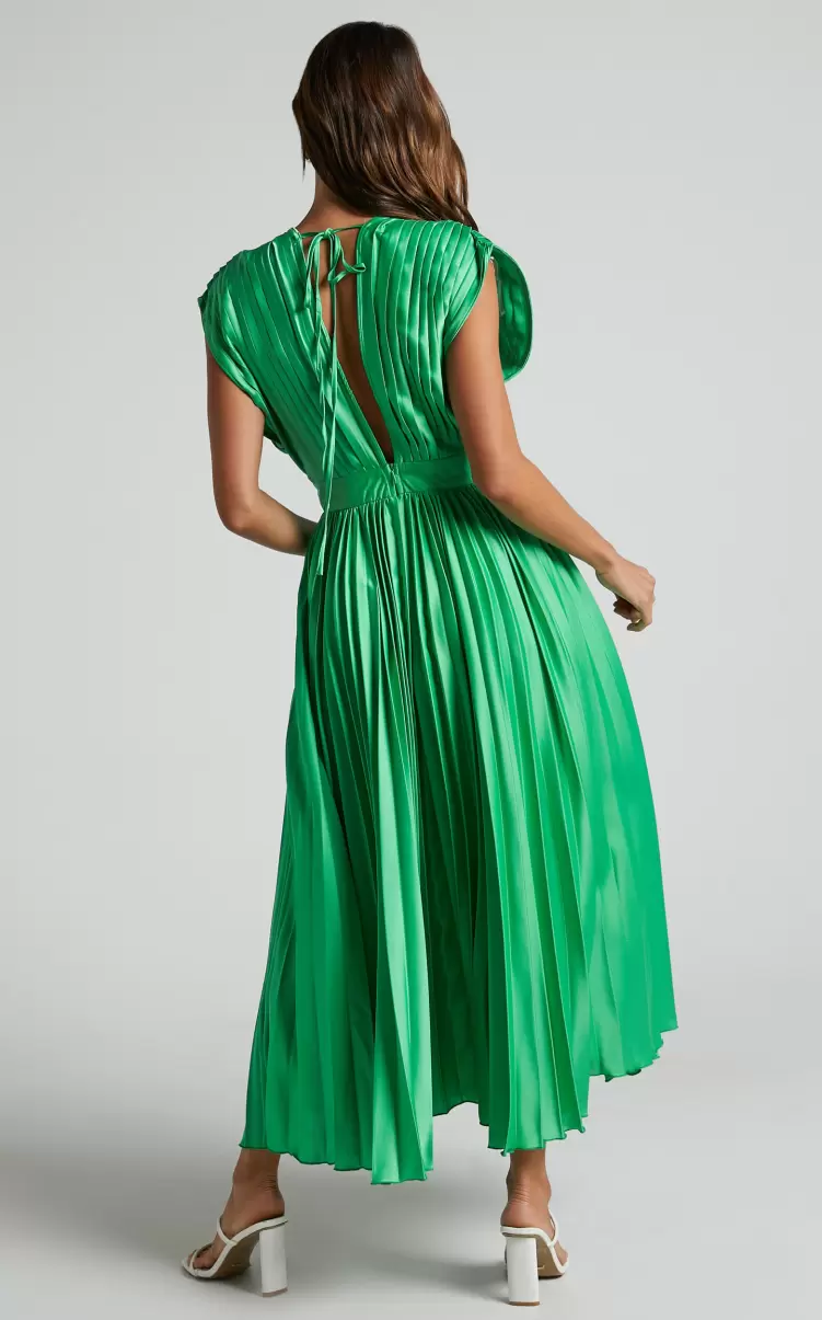 Women Showpo Della Midi Dress - Plunge Neck Short Sleeve Pleated Dress In Green Green Bridesmaid Dresses - 4