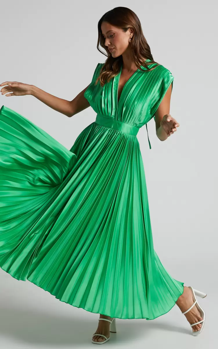 Women Showpo Della Midi Dress - Plunge Neck Short Sleeve Pleated Dress In Green Green Bridesmaid Dresses