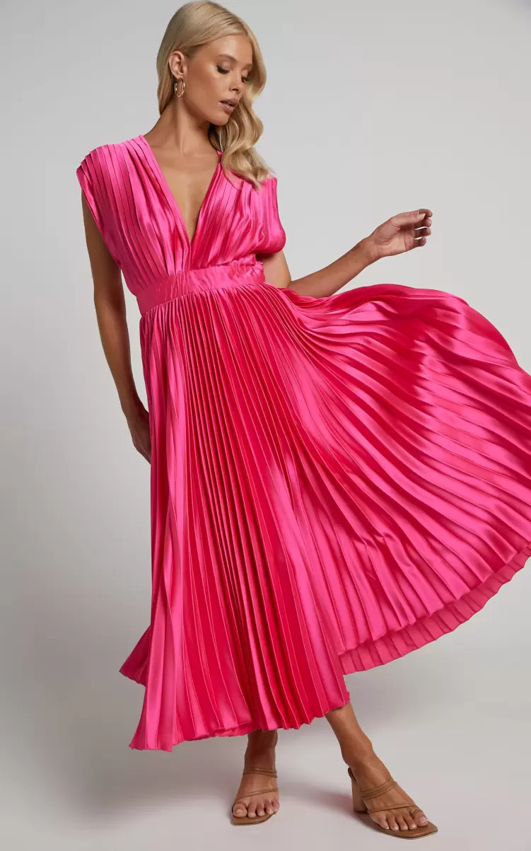 Della Midi Dress - Plunge Neck Short Sleeve Pleated Dress In Hot Pink Women Showpo Pink Bridesmaid Dresses - 1