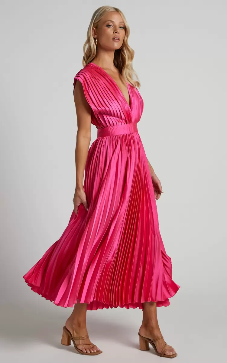 Della Midi Dress - Plunge Neck Short Sleeve Pleated Dress In Hot Pink Women Showpo Pink Bridesmaid Dresses