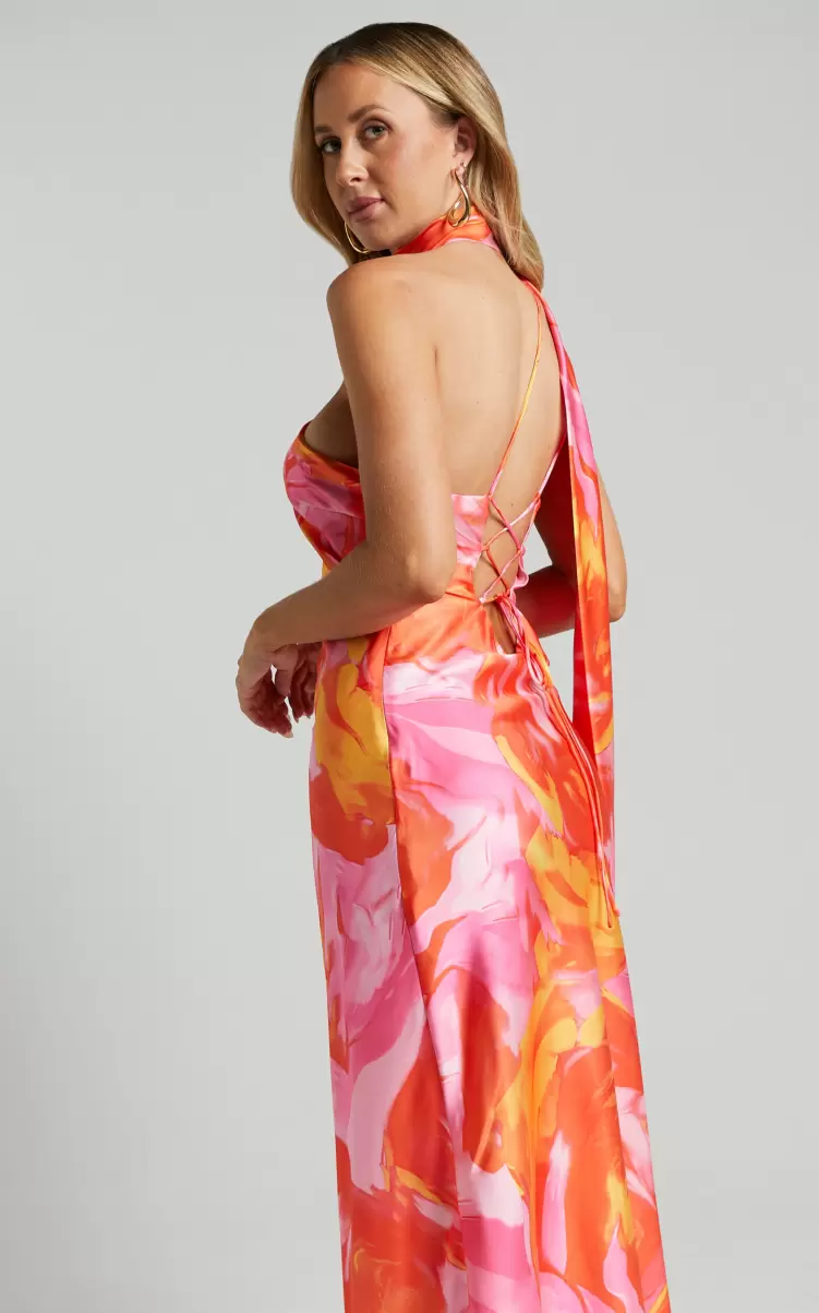 Showpo Cocktail Wedding Guest Sophia Midi Dress - Asymmetrical Neck Tie Satin Dress In Pink Swirl Women - 1