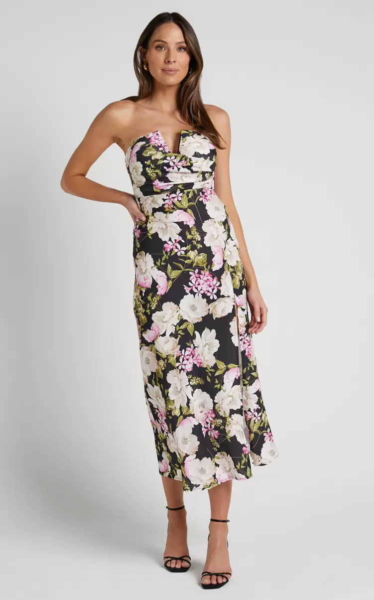 Janise Midi Dress - V Neck Wrap Top Detail Thigh Split Dress In Midnight Floral Showpo Cocktail Wedding Guest Women - 1