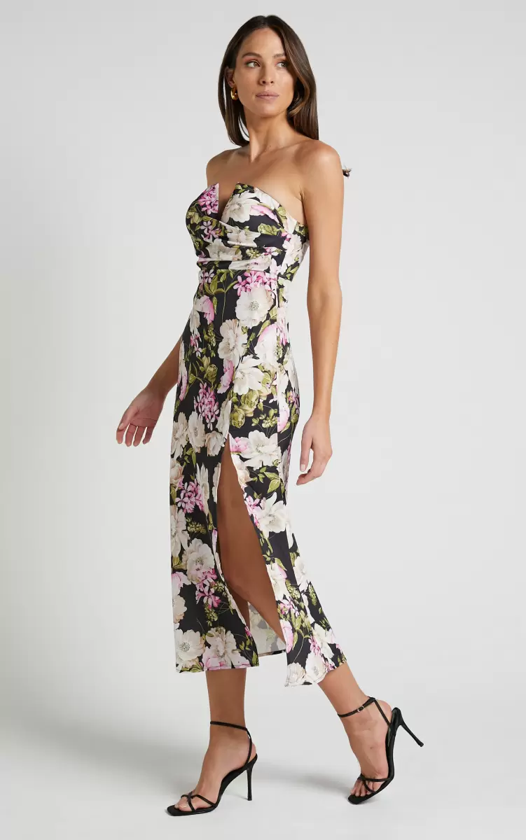 Janise Midi Dress - V Neck Wrap Top Detail Thigh Split Dress In Midnight Floral Showpo Cocktail Wedding Guest Women - 2
