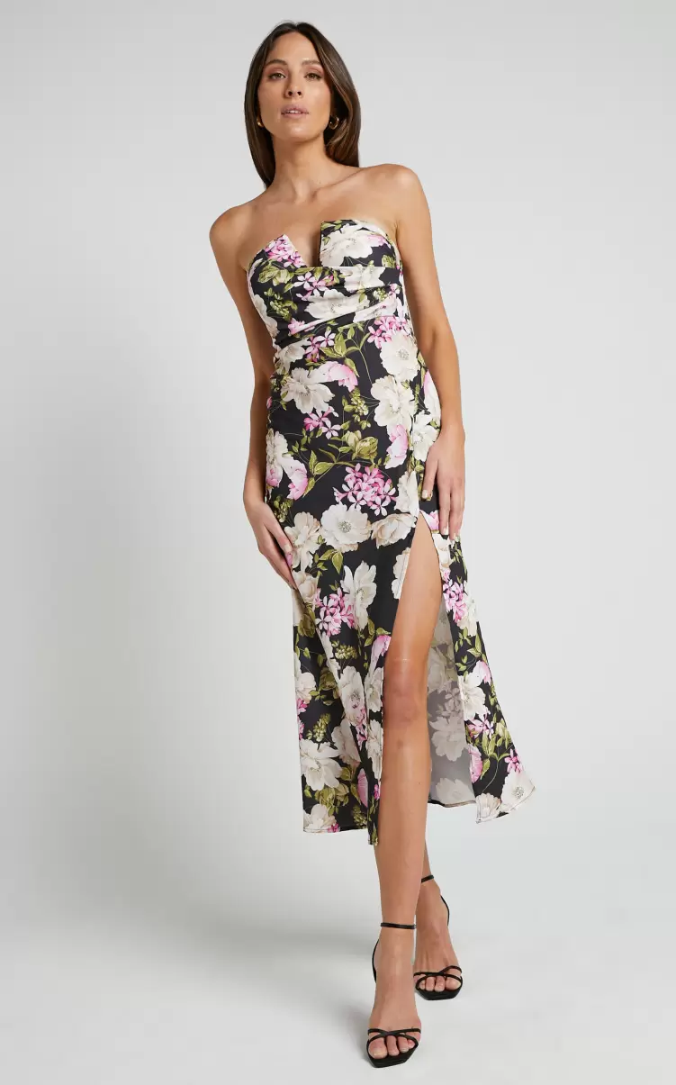 Janise Midi Dress - V Neck Wrap Top Detail Thigh Split Dress In Midnight Floral Showpo Cocktail Wedding Guest Women - 4
