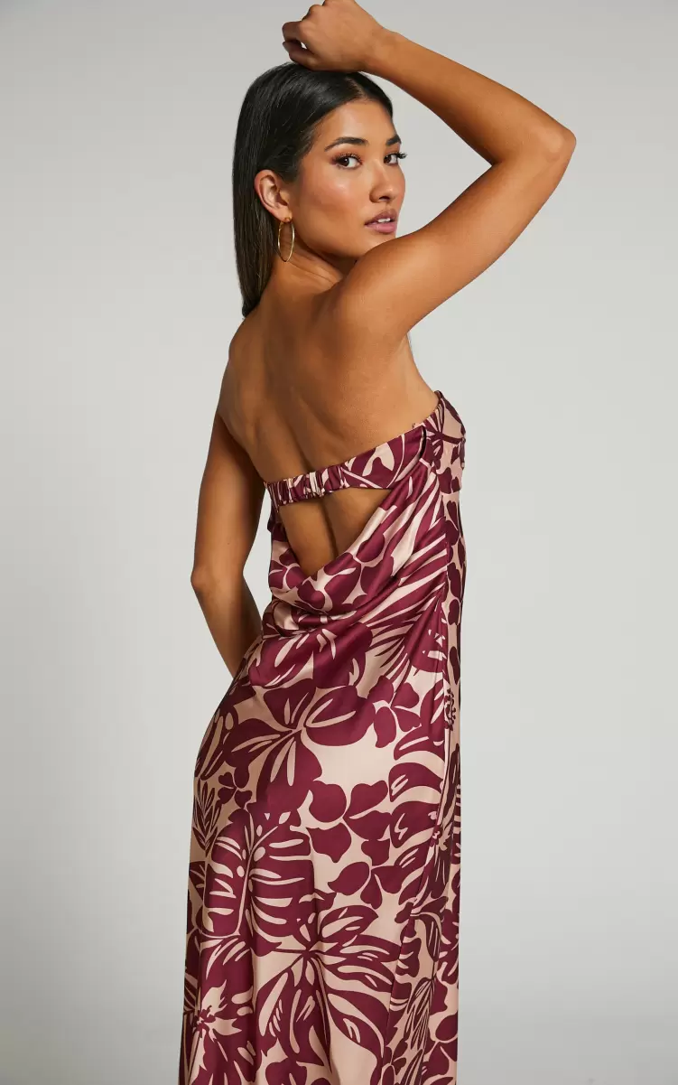 Breana Strapless Ruched Bust Maxi In Wine Floral Women Cocktail Wedding Guest Showpo - 1