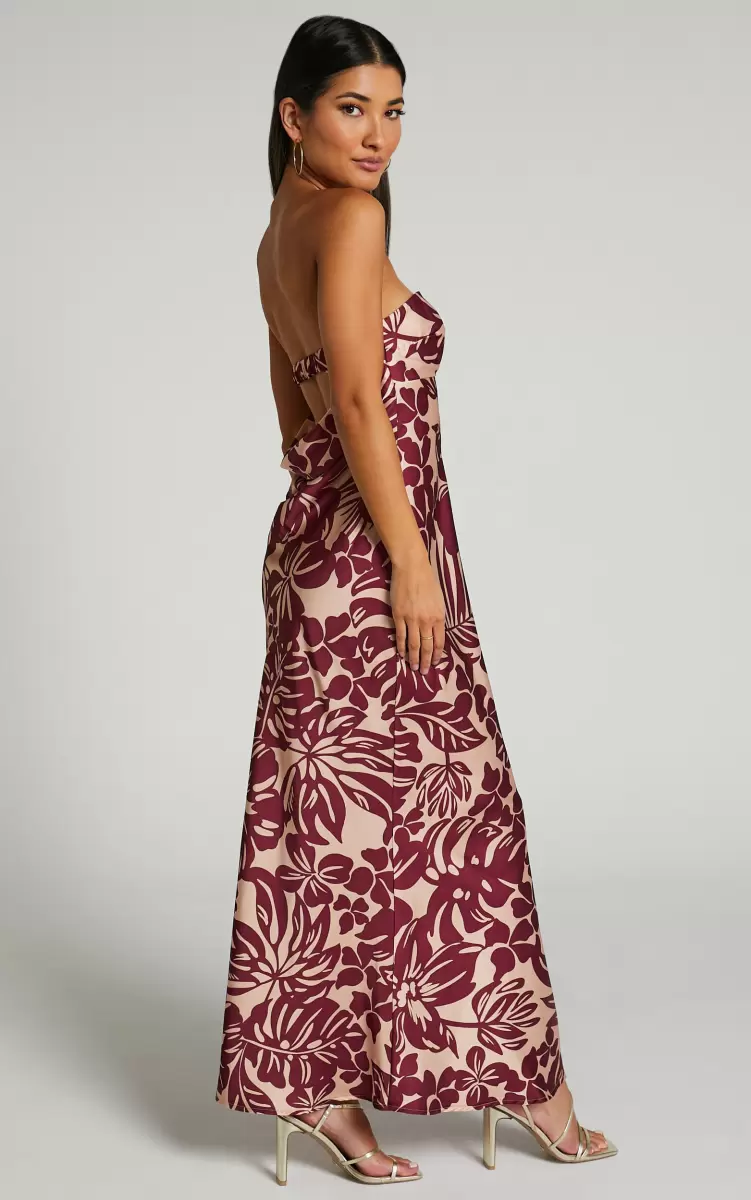 Breana Strapless Ruched Bust Maxi In Wine Floral Women Cocktail Wedding Guest Showpo - 3