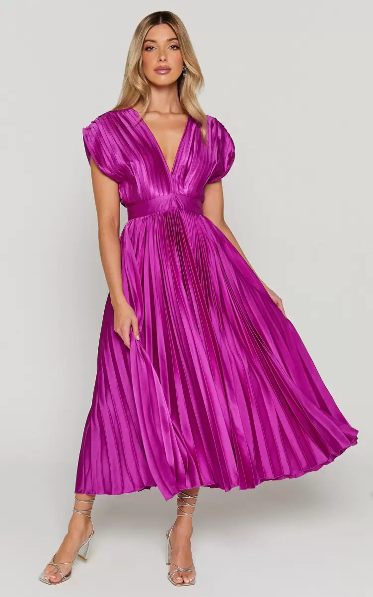 Showpo Formal Wedding Guest Della Midi Dress - Plunge Neck Short Sleeve Pleated Dress In Grape Women - 4
