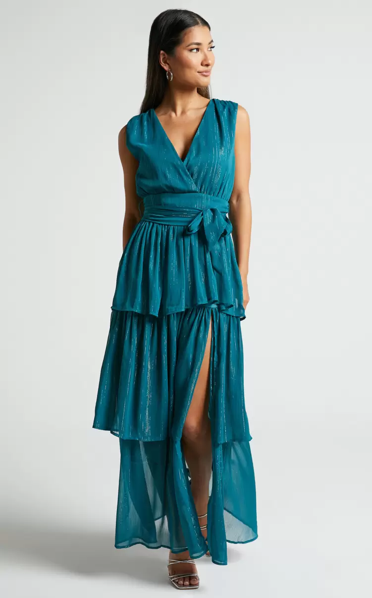 Formal Wedding Guest Showpo Alana Midi Dress - Short Sleeve Plunge Aline Dress In Emerald Women - 1