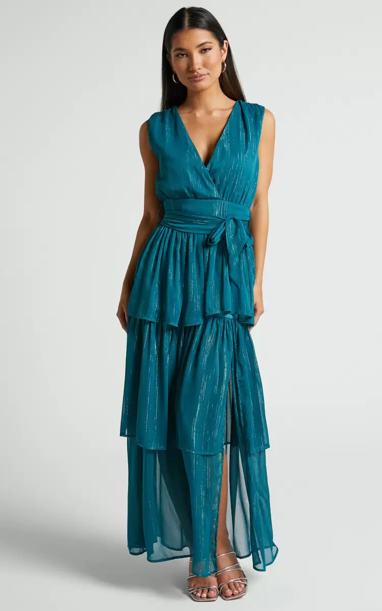 Formal Wedding Guest Showpo Alana Midi Dress - Short Sleeve Plunge Aline Dress In Emerald Women - 2