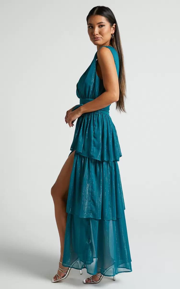 Formal Wedding Guest Showpo Alana Midi Dress - Short Sleeve Plunge Aline Dress In Emerald Women - 3