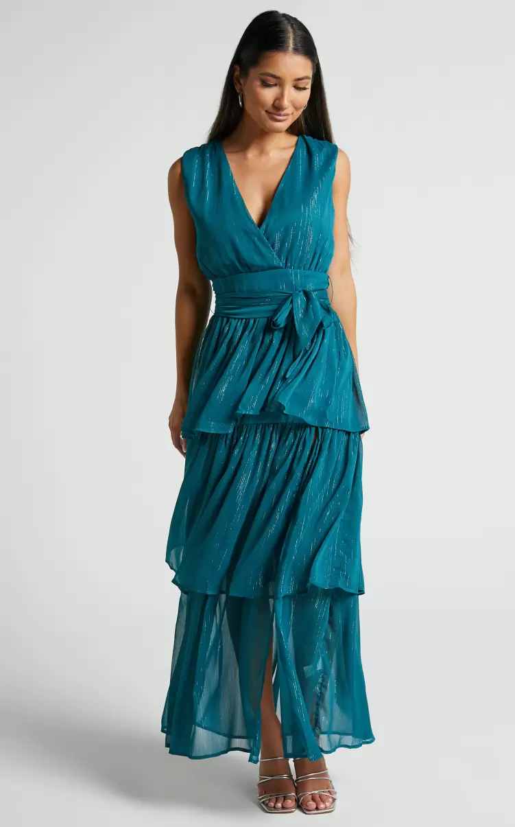 Formal Wedding Guest Showpo Alana Midi Dress - Short Sleeve Plunge Aline Dress In Emerald Women - 4
