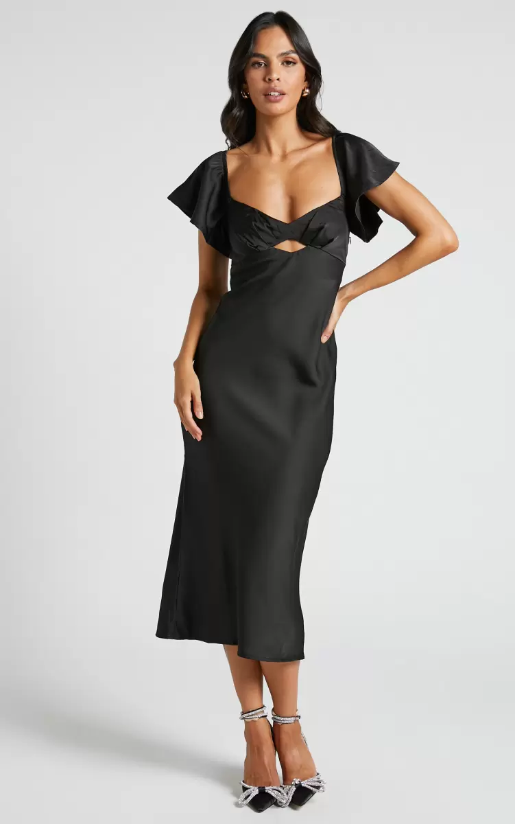 Women Emberlynn Midi Dress - Flutter Sleeve Cut Out Satin Dress In Black Formal Wedding Guest Showpo - 1