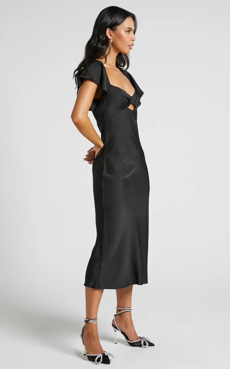 Women Emberlynn Midi Dress - Flutter Sleeve Cut Out Satin Dress In Black Formal Wedding Guest Showpo - 3