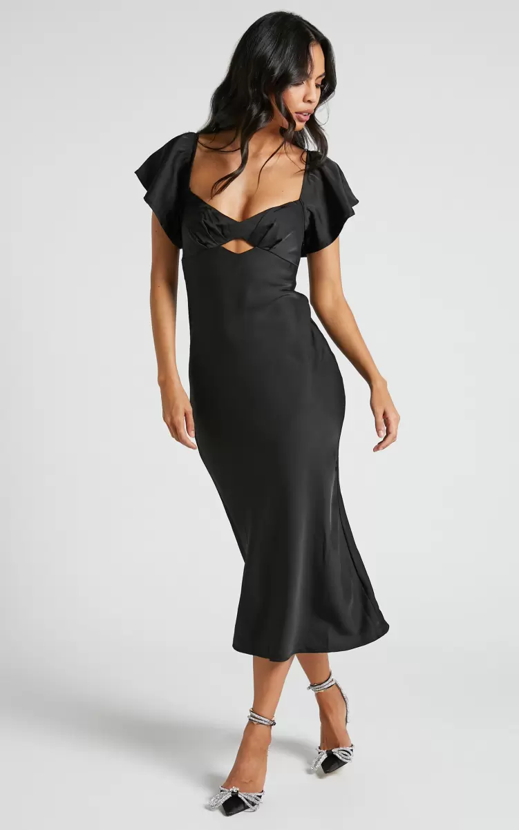 Women Emberlynn Midi Dress - Flutter Sleeve Cut Out Satin Dress In Black Formal Wedding Guest Showpo