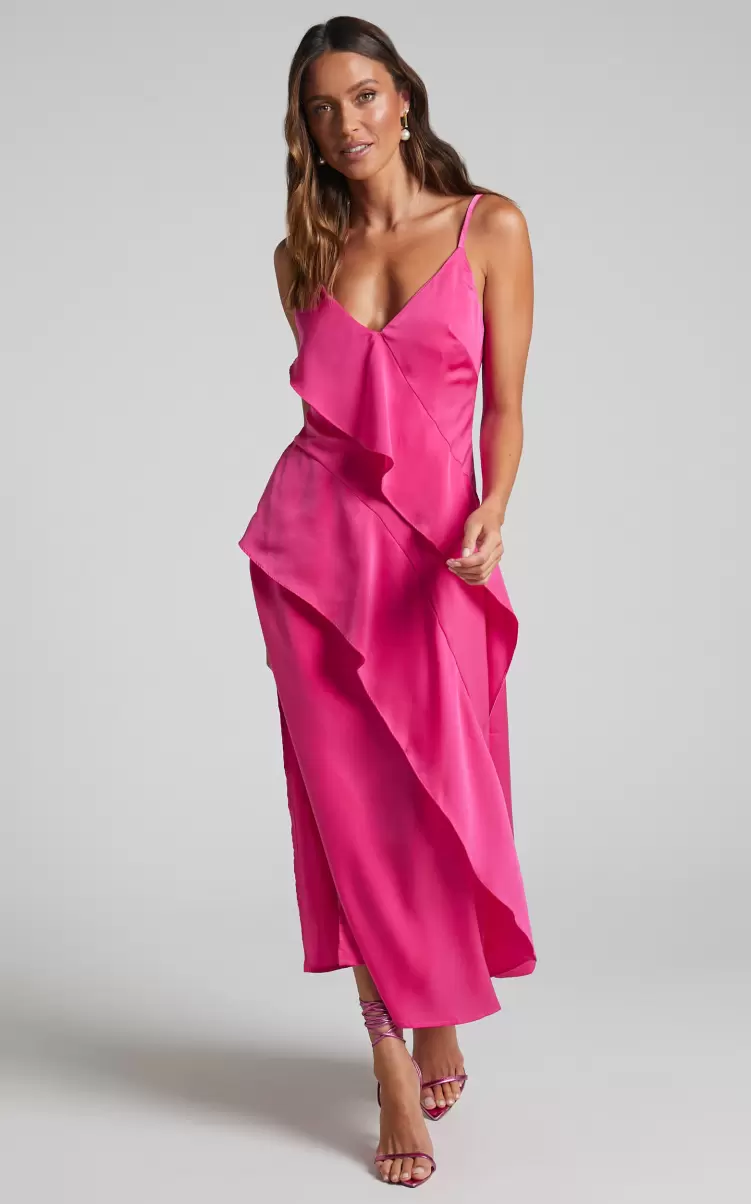 Women Eileen Midi Dress - V Neck Soft Ruffle Tiered Satin Dress In Hot Pink Showpo Formal Wedding Guest - 1