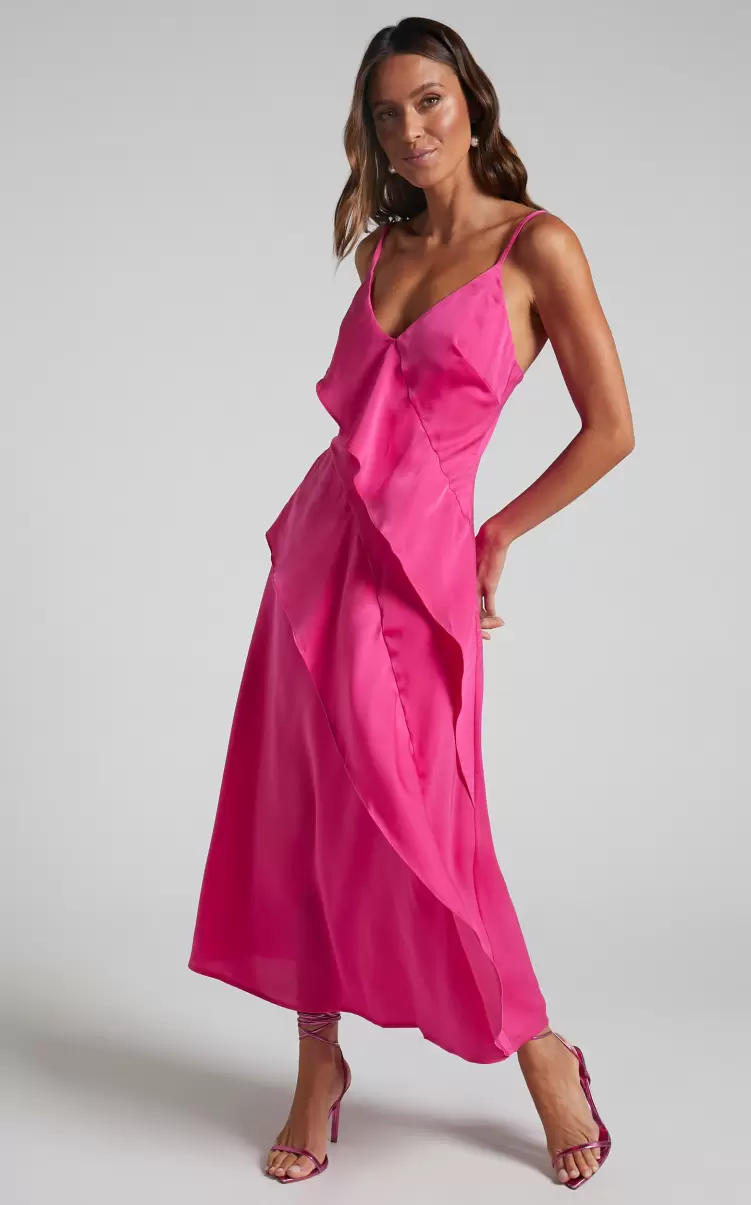Women Eileen Midi Dress - V Neck Soft Ruffle Tiered Satin Dress In Hot Pink Showpo Formal Wedding Guest - 2