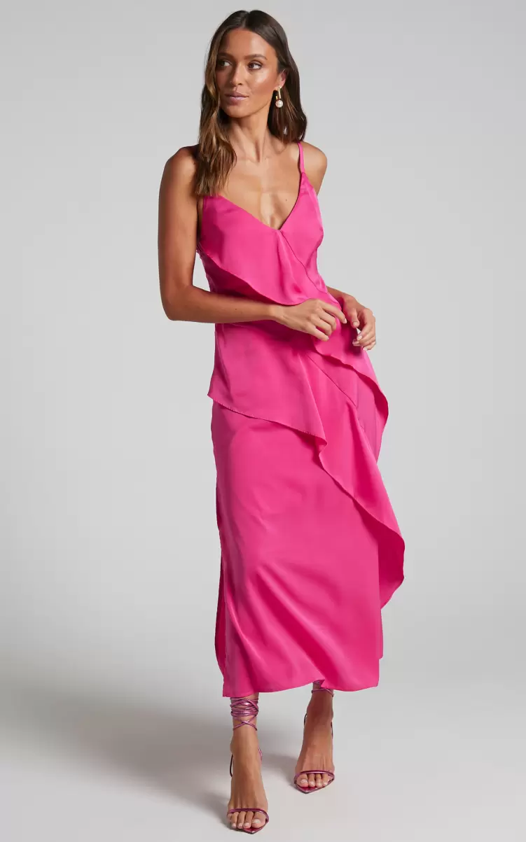 Women Eileen Midi Dress - V Neck Soft Ruffle Tiered Satin Dress In Hot Pink Showpo Formal Wedding Guest - 3