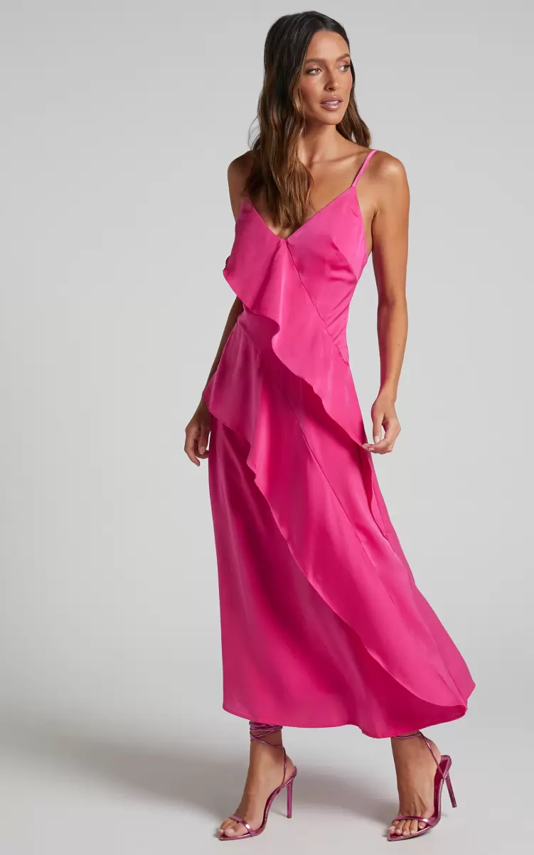 Women Eileen Midi Dress - V Neck Soft Ruffle Tiered Satin Dress In Hot Pink Showpo Formal Wedding Guest - 4