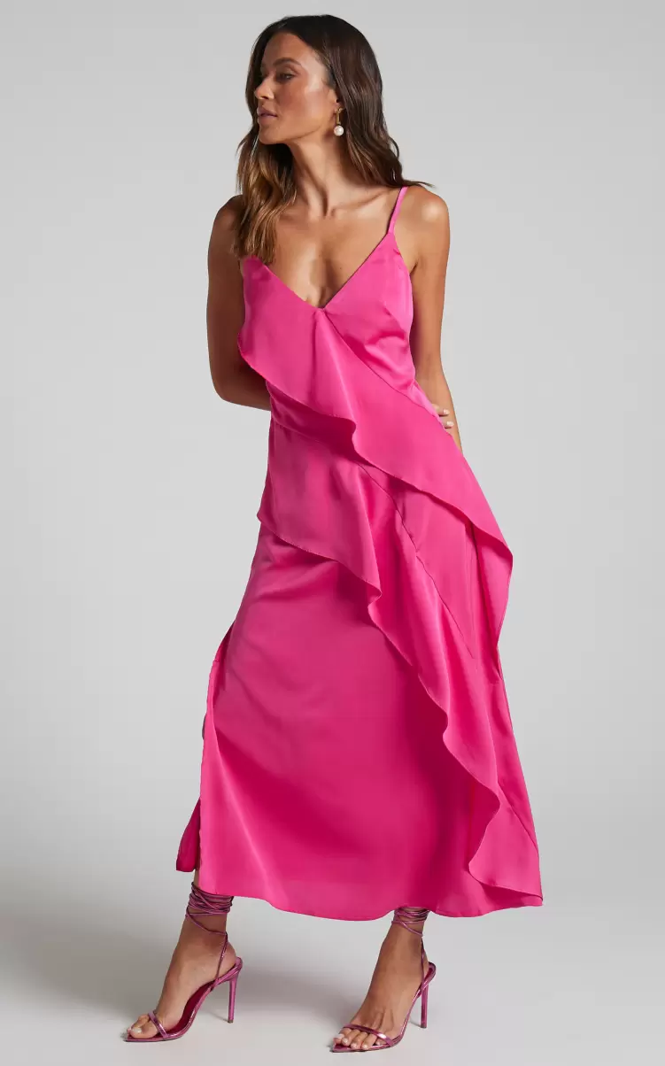 Women Eileen Midi Dress - V Neck Soft Ruffle Tiered Satin Dress In Hot Pink Showpo Formal Wedding Guest
