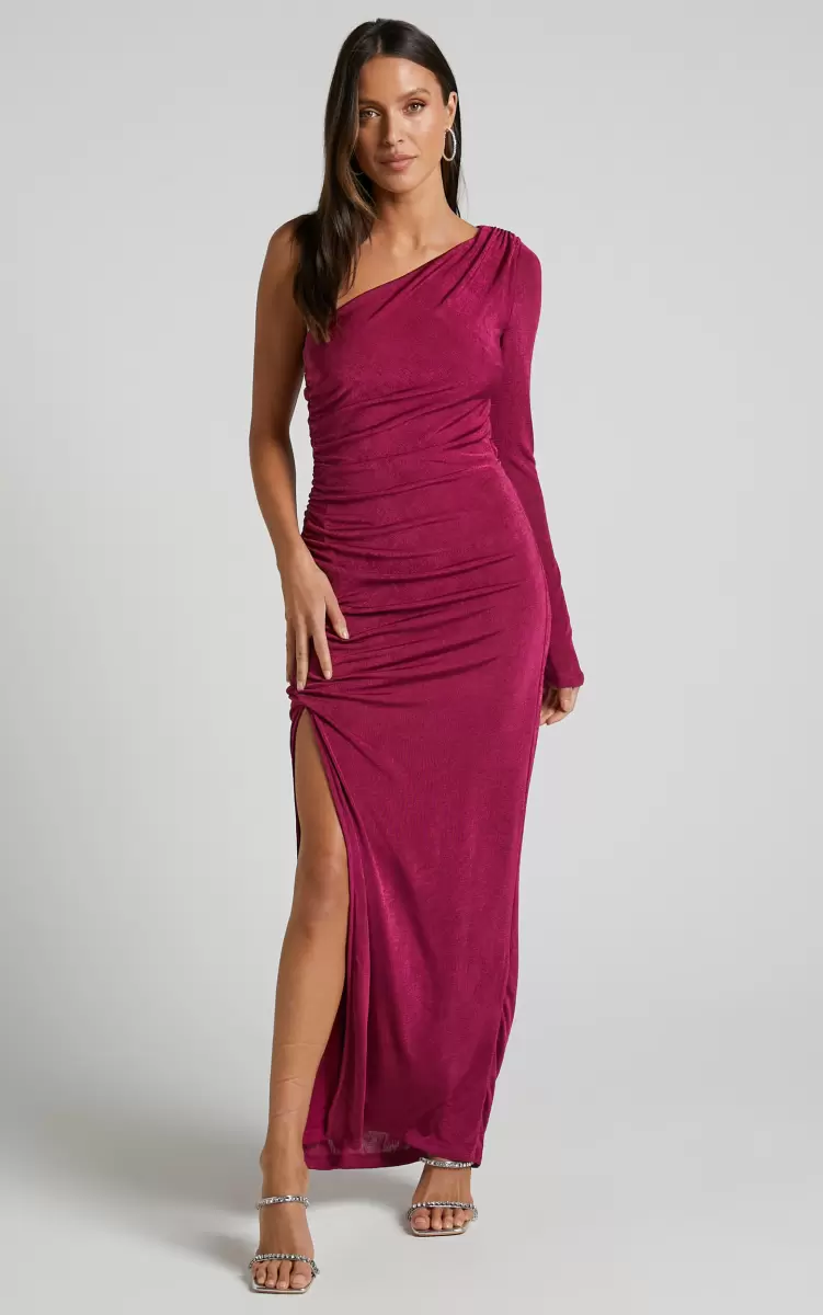 Shemara Midi Dress - One Shoulder Asymmetrical Long Sleeve Thigh Slit Dress In Berry Formal Wedding Guest Women Showpo - 1