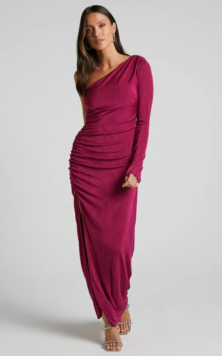 Shemara Midi Dress - One Shoulder Asymmetrical Long Sleeve Thigh Slit Dress In Berry Formal Wedding Guest Women Showpo - 3