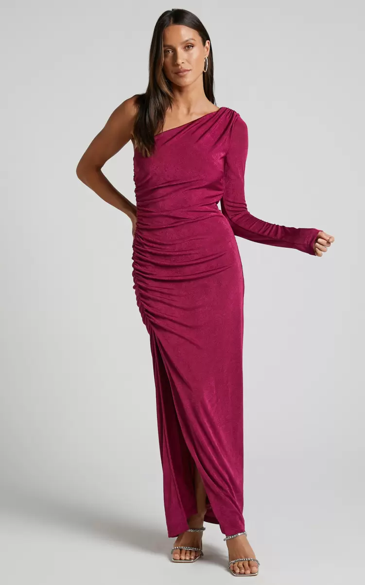 Shemara Midi Dress - One Shoulder Asymmetrical Long Sleeve Thigh Slit Dress In Berry Formal Wedding Guest Women Showpo - 4
