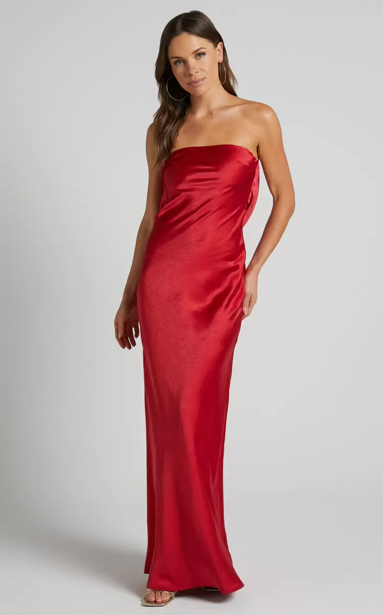 Women Showpo Formal Wedding Guest Charlita Maxi Dress - Strapless Cowl Back Satin Dress In Cherry Red - 2