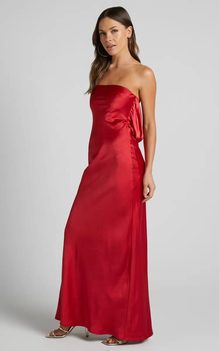 Women Showpo Formal Wedding Guest Charlita Maxi Dress - Strapless Cowl Back Satin Dress In Cherry Red - 4