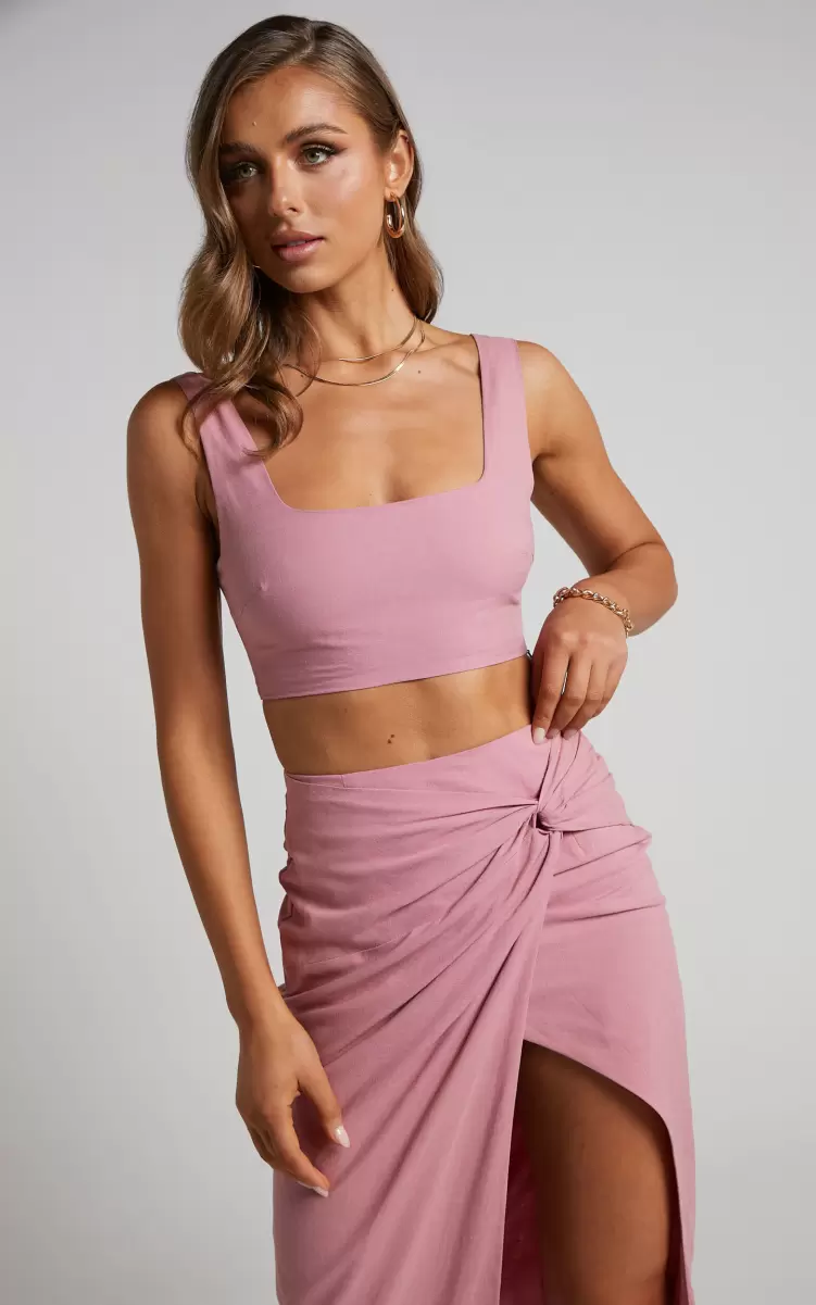 Showpo Women Gibson Two Piece Set - Linen Look Crop Top And Knot Front Midi Skirt Set In Pink Wedding Guest Two Piece Sets - 1