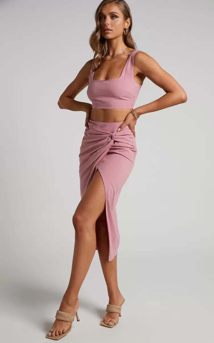 Showpo Women Gibson Two Piece Set - Linen Look Crop Top And Knot Front Midi Skirt Set In Pink Wedding Guest Two Piece Sets - 3