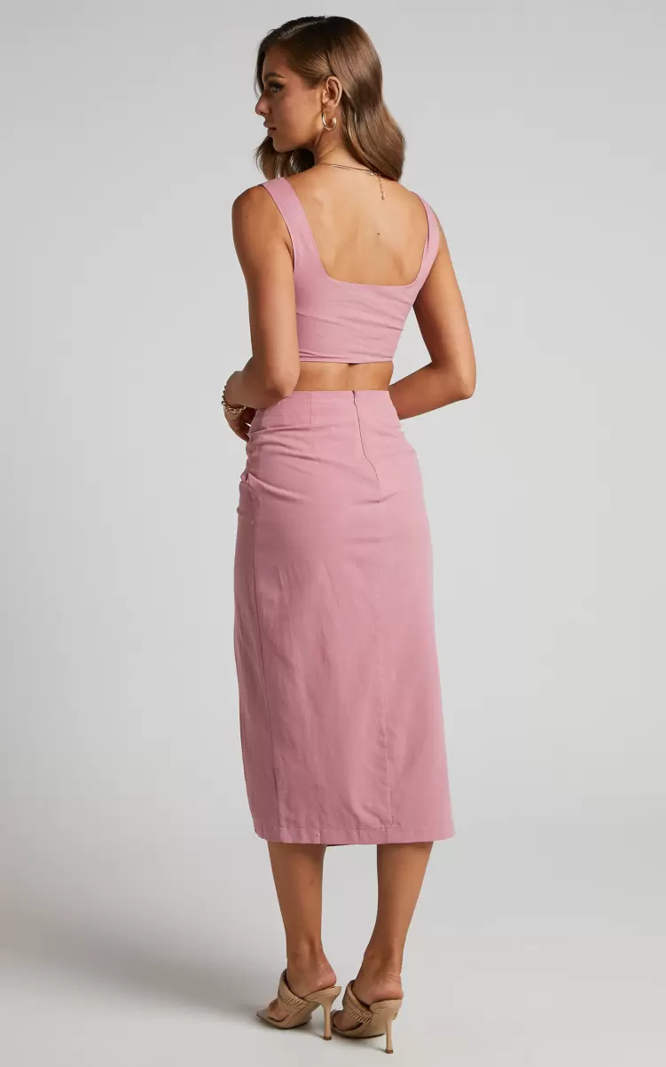 Showpo Women Gibson Two Piece Set - Linen Look Crop Top And Knot Front Midi Skirt Set In Pink Wedding Guest Two Piece Sets - 4