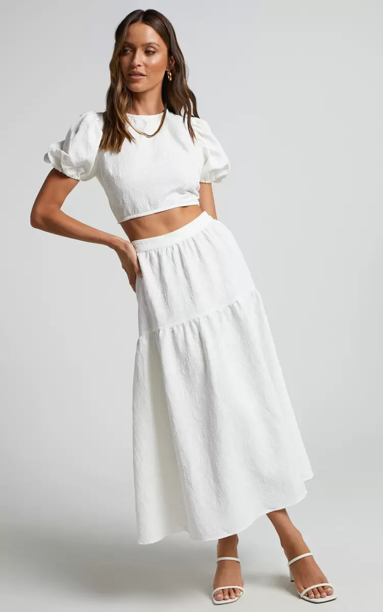 Wedding Guest Two Piece Sets Women Leila Two Piece Set - Puff Sleeve Top And Midi Skirt Set In White Showpo
