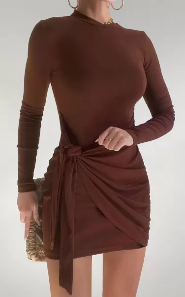 Marleen Mini Dress - Wrap Front Long Sleeve Bodycon Dress In Dark Oak Basics Women Showpo