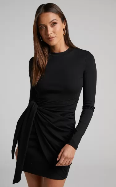 Basics Marleen Mini Dress - Wrap Front Long Sleeve Bodycon Dress In Black Women Showpo