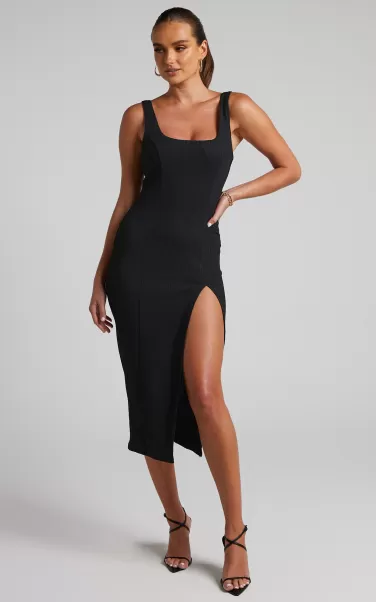 Showpo Women Basics Wilder Midi Dress - Textured Thigh Split Bodycon Dress In Black