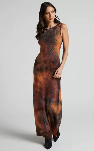 Showpo Women Basics Amayra Midi Dress - High Neck Bodycon Dress In Brown Tie Dye