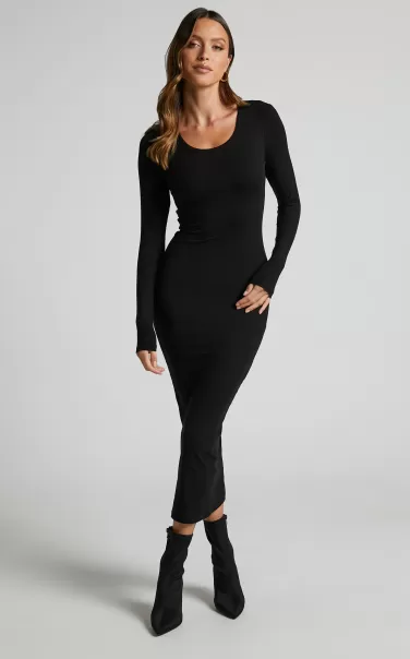 Basics Hawkins Midi Dress - Long Sleeve Bodycon Dress In Black Showpo Women